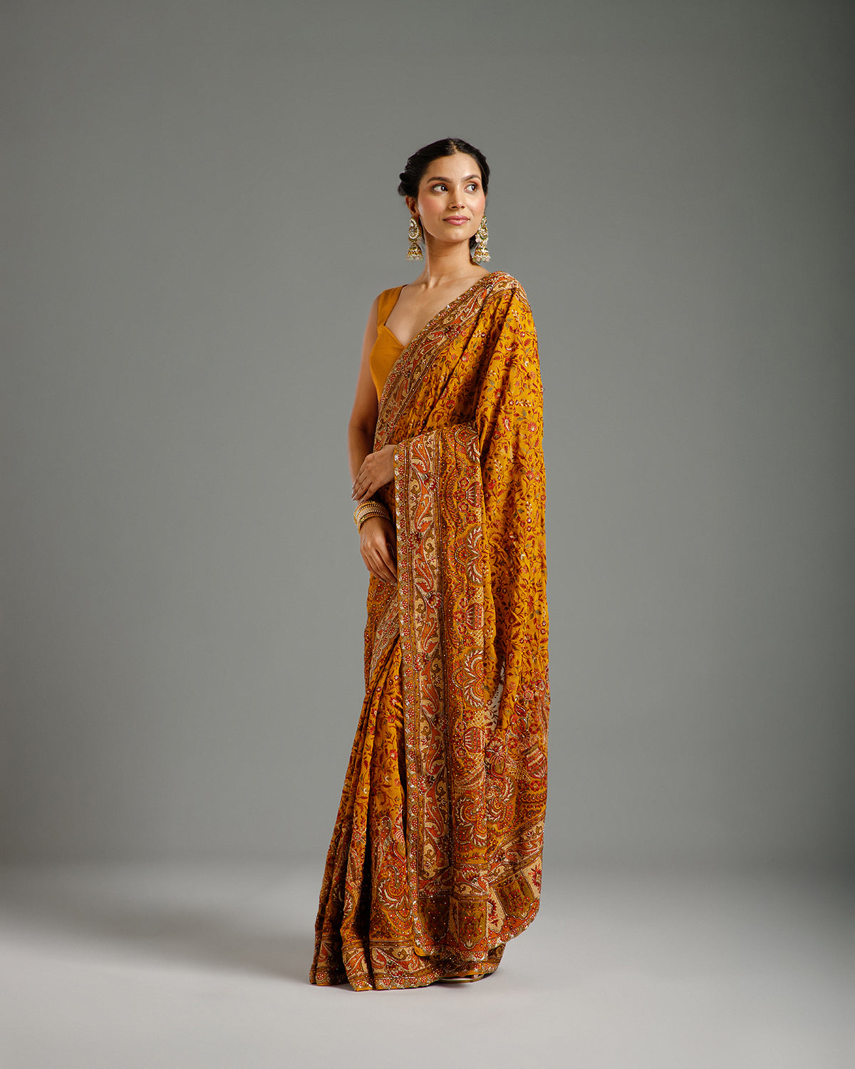 Mustard Georgette Saree with Beads, Dabka & Nulki Work
