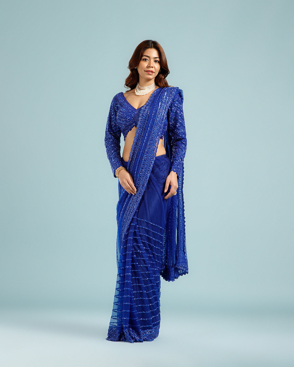Designer Blue Net Saree with Sequence, Bead & Cutdana (Nulki) Work - House of Surya