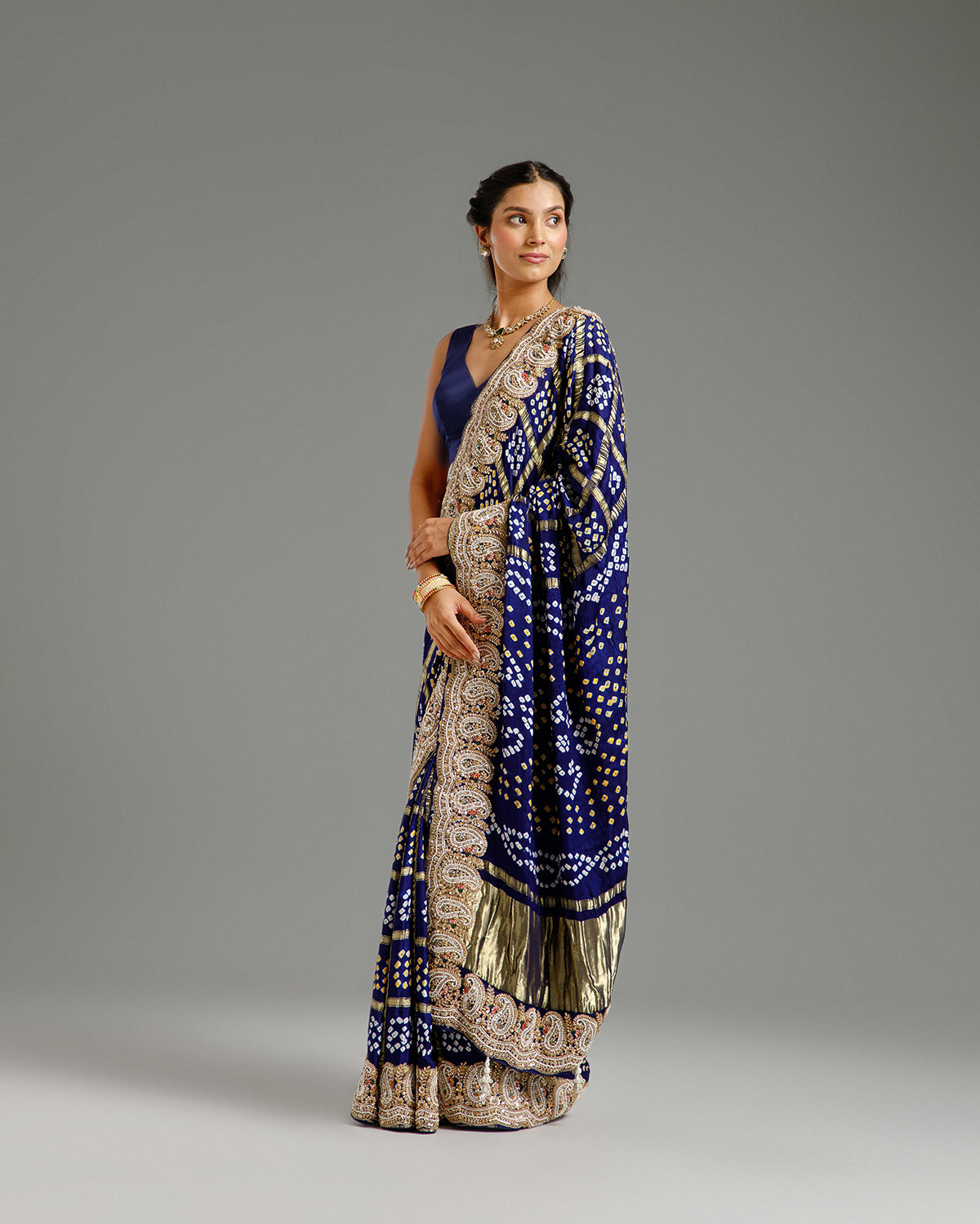 Navy Blue Satin Crepe Saree with Beads, Nulki, Zari, Moti, Kundan & Sequin Work