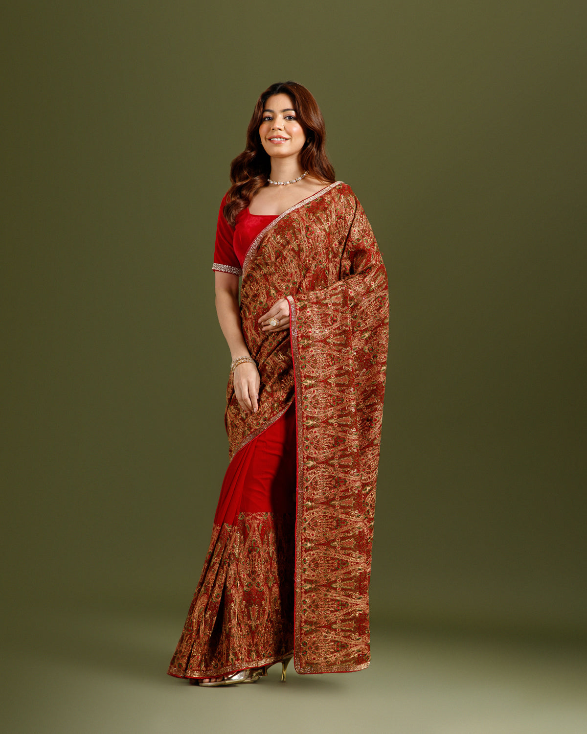 Rust Georgette Saree with Kashmiri Resham & Cutdana Work - House of Surya
