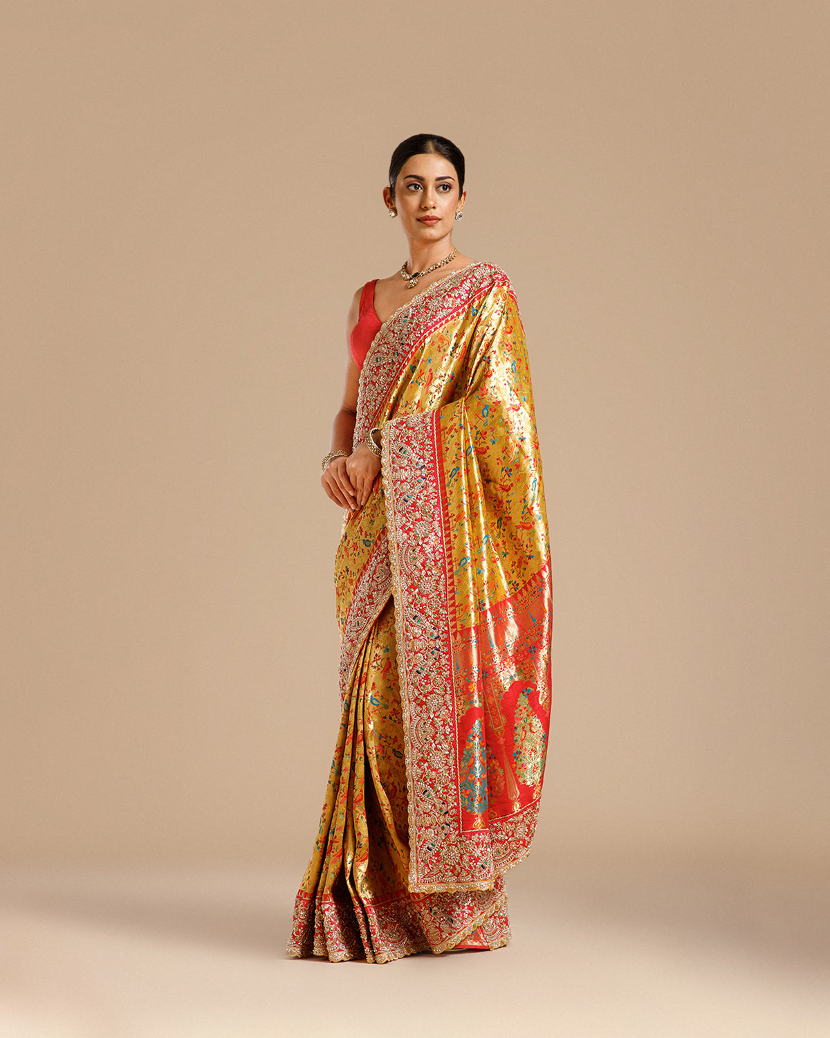 Mustard Gold Silk Saree with Resham, Pearl & Nulki Work