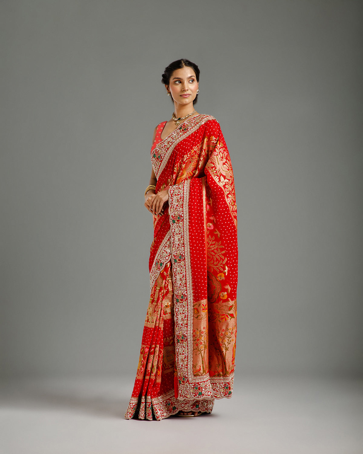 Red Georgette Saree with Dori, Nulki, Resham, Moti & Meenakari Work