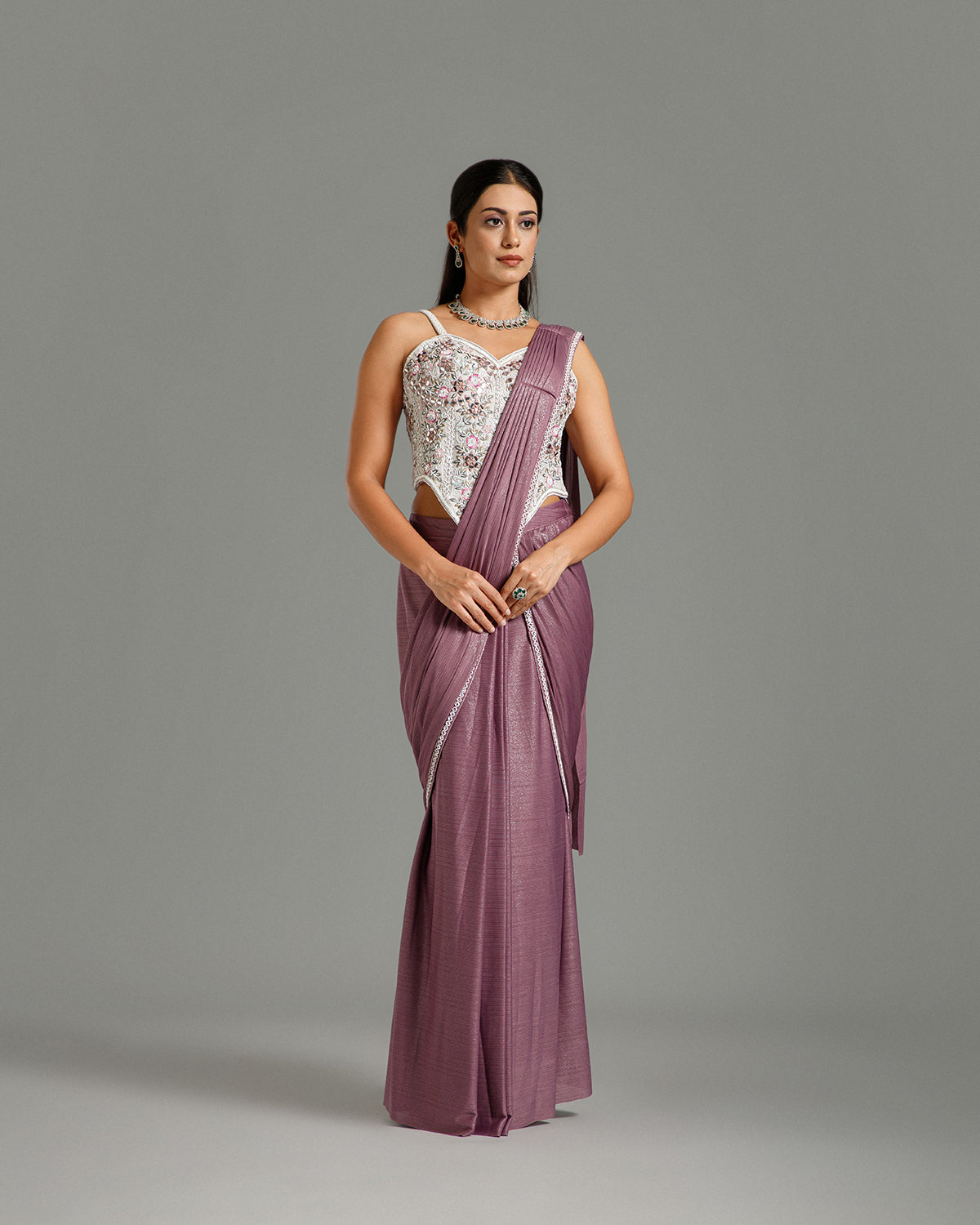 Lavender Lycra Saree with Resham Work