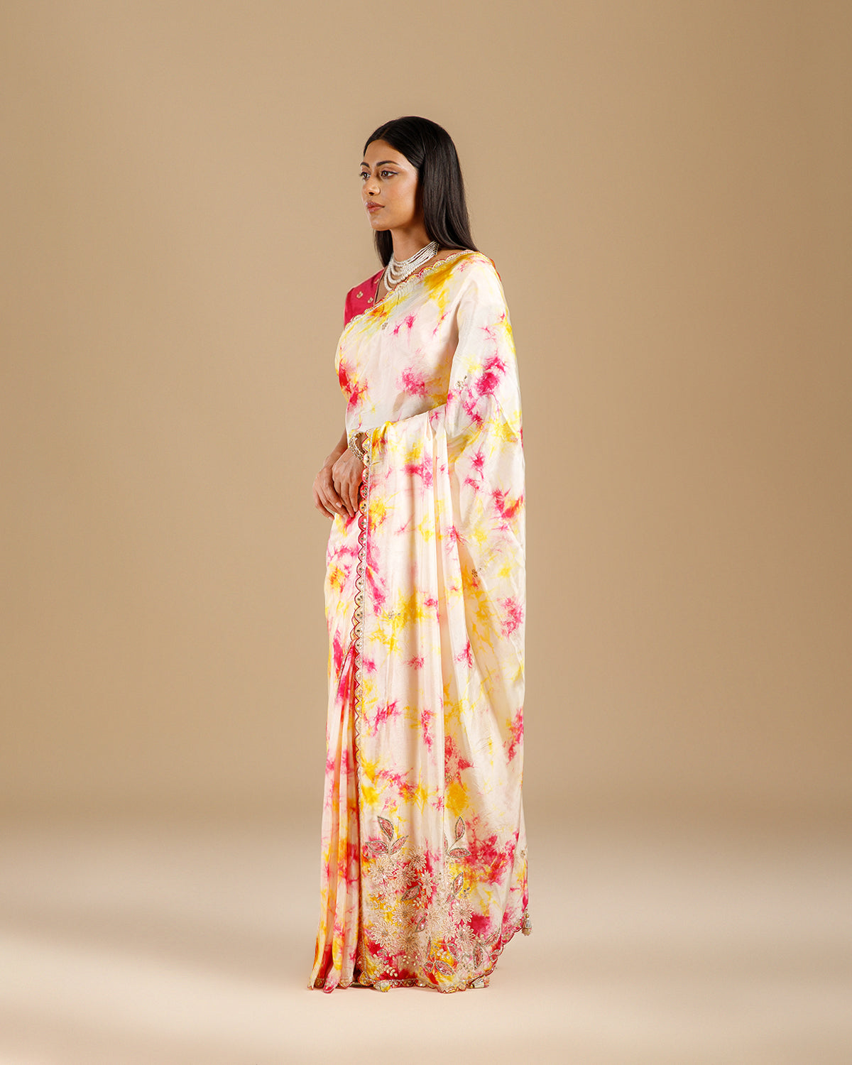 Pink Tie & Dye Silk Saree with Patra, Sequence & Bead Work - House of Surya
