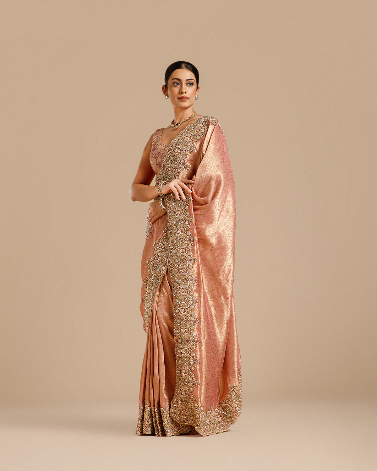 Onion Tissue Silk Saree with Nulki, Sequin, Pearl & Resham Work