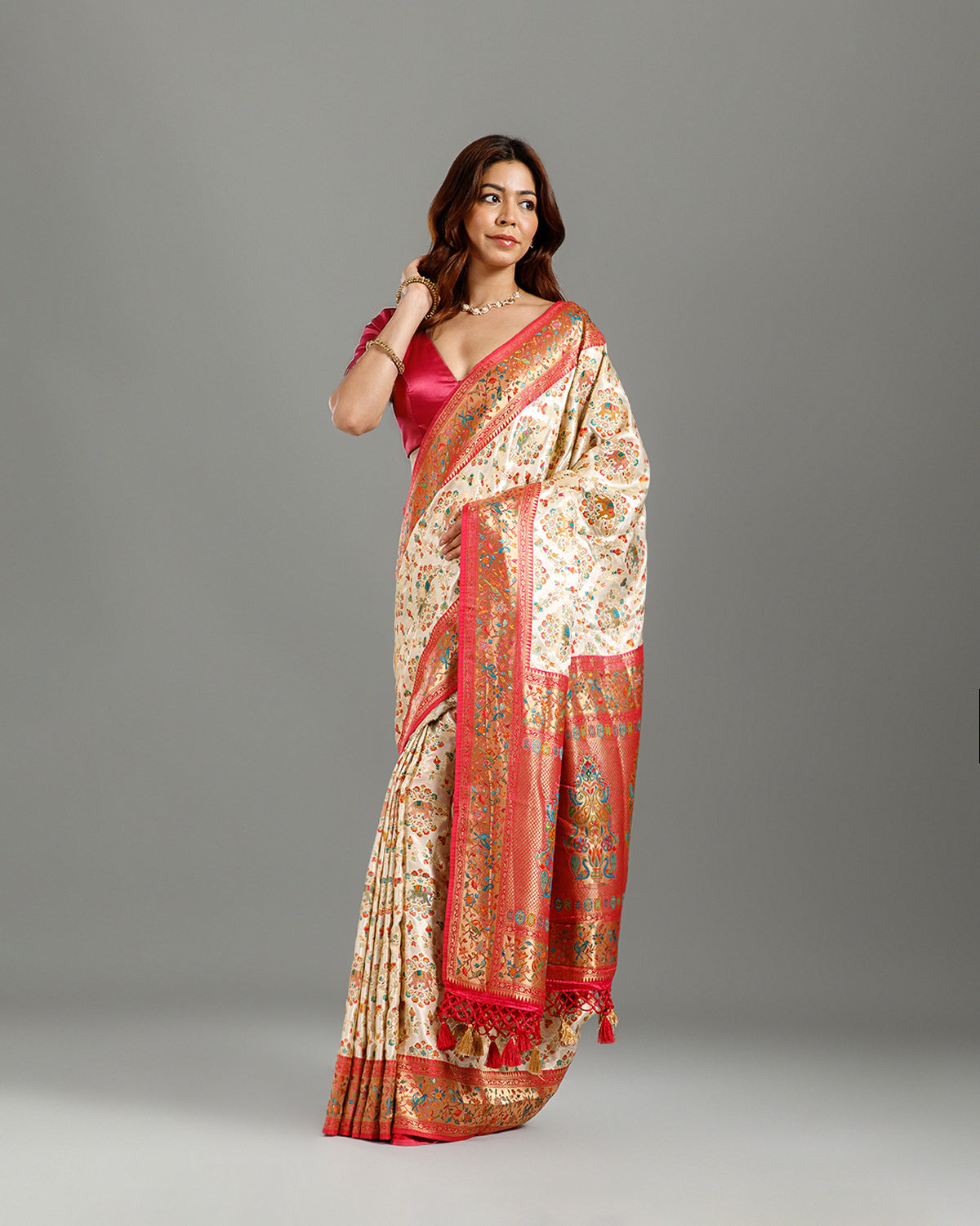 White Satin Silk Saree with Resham Meenakari Work - House of Surya