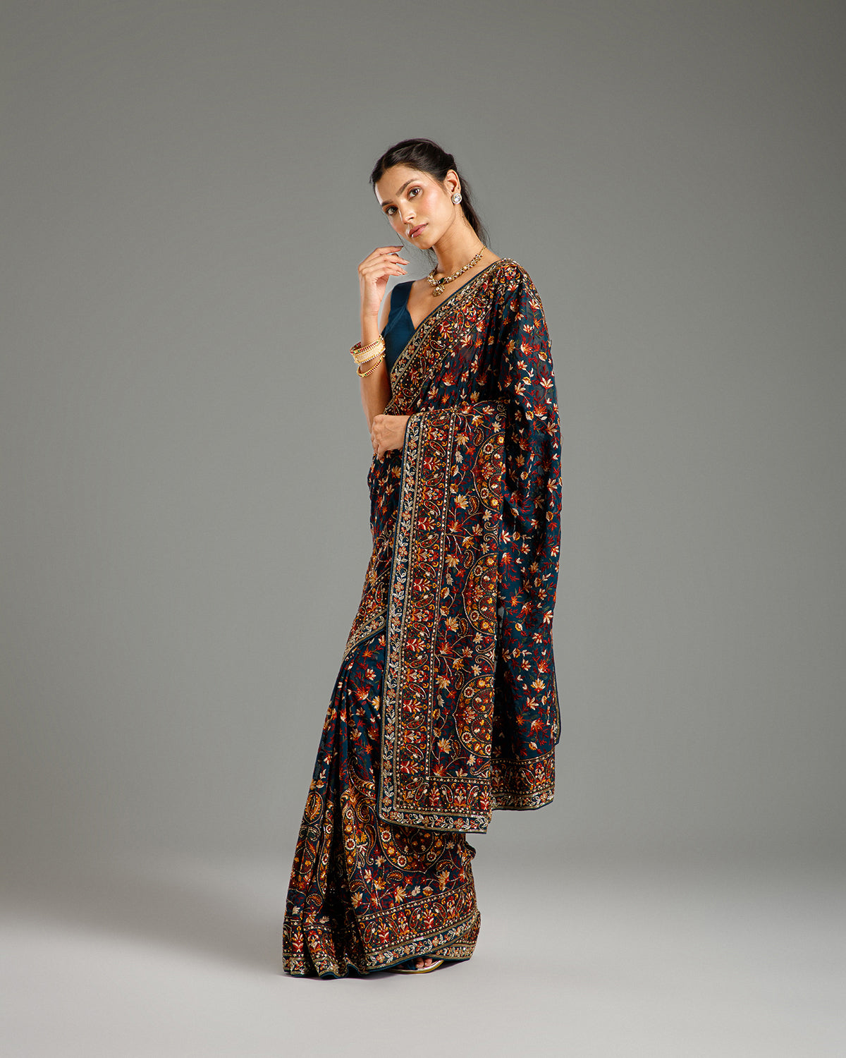Peacock Green Georgette Saree with Beads, Nulki, Resham & Stone Work