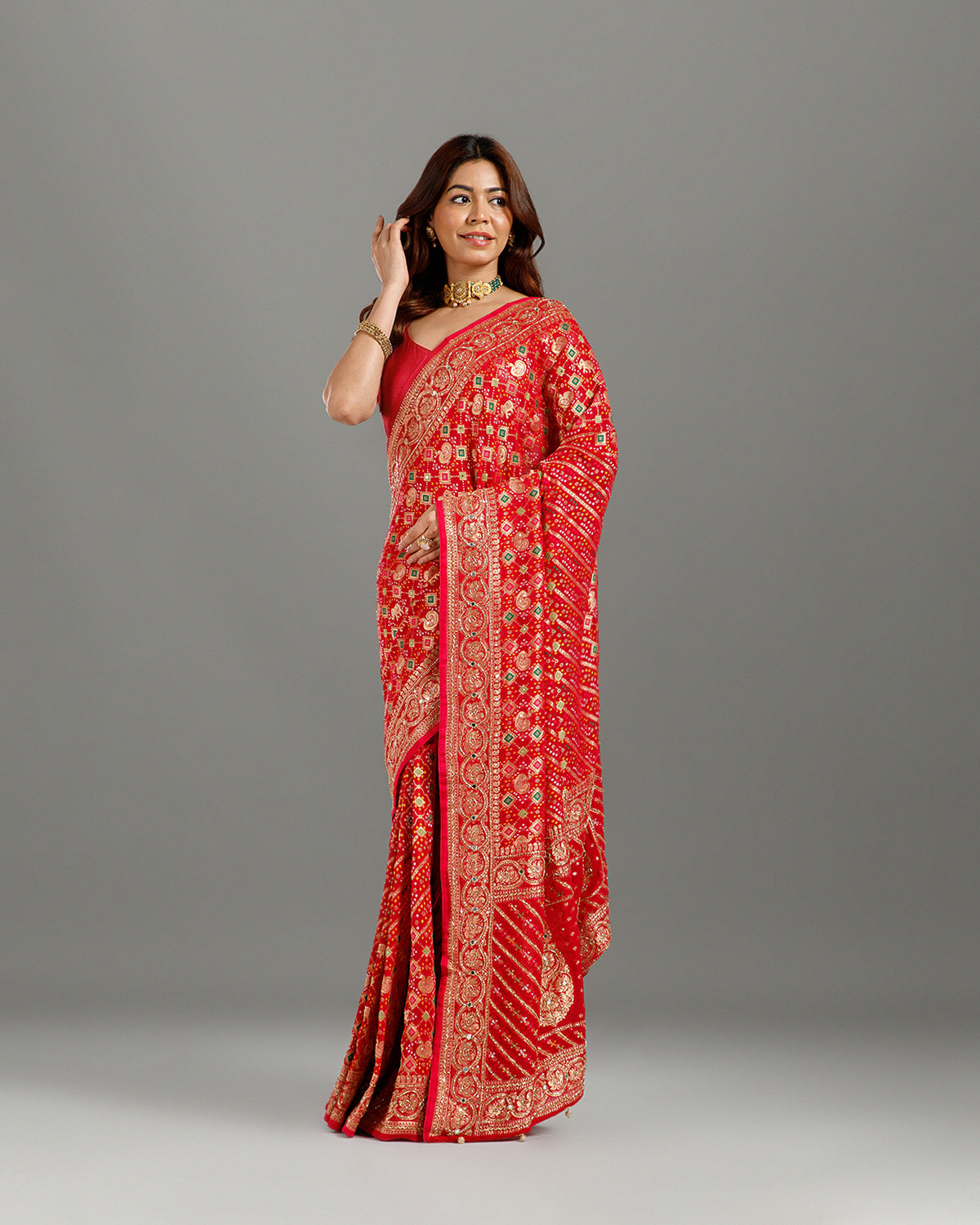 Luxury Rani Bandhej Saree with Sequence & Cutdana Work for Women - House of Surya