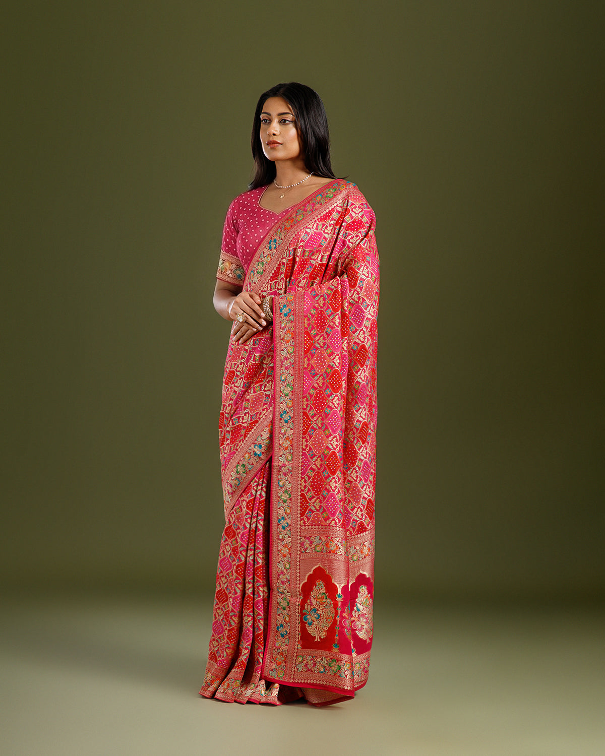 Rani Bandhej Khaddi Georgette Saree with Meenakari Weaving - House of Surya
