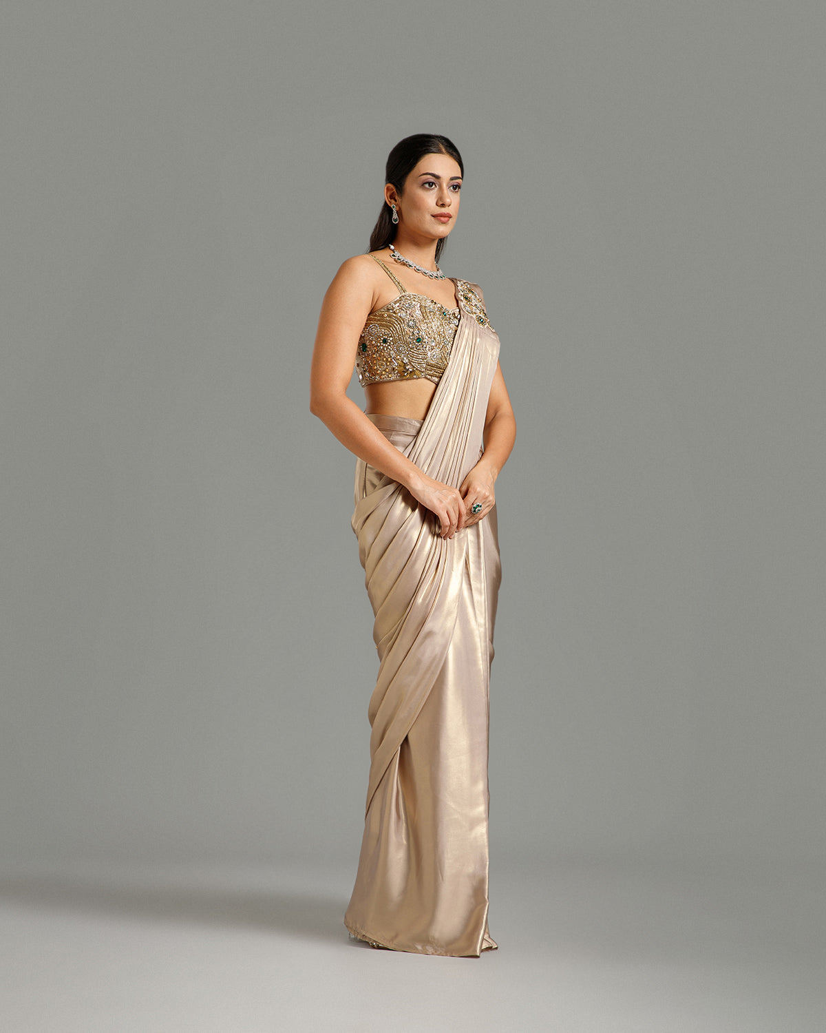 Golden Lycra Saree with Cutdana Work