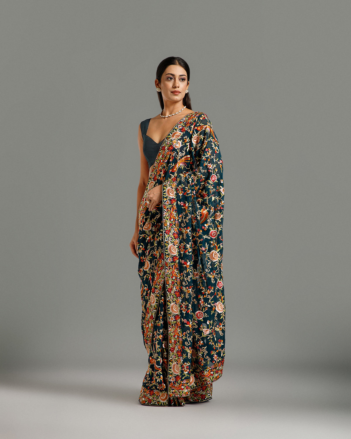 Peacock Georgette Saree with Parsi Resham Work