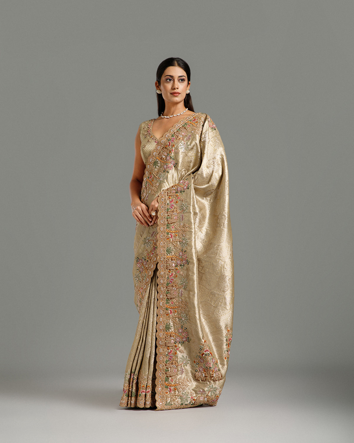 Green Tissue Silk Saree with Resham, Cutdana, Sequin & Zari Work