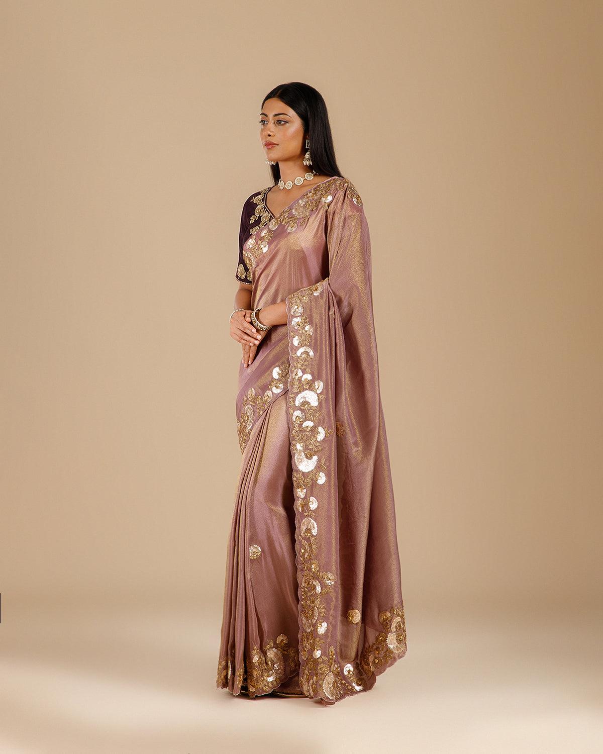 Dusty Mauve Tissue Georgette Saree with Gota Patti & Sequin Work - House of Surya