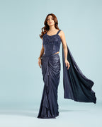 Navy Blue Crepe Drape Saree with Hand Work - House of Surya