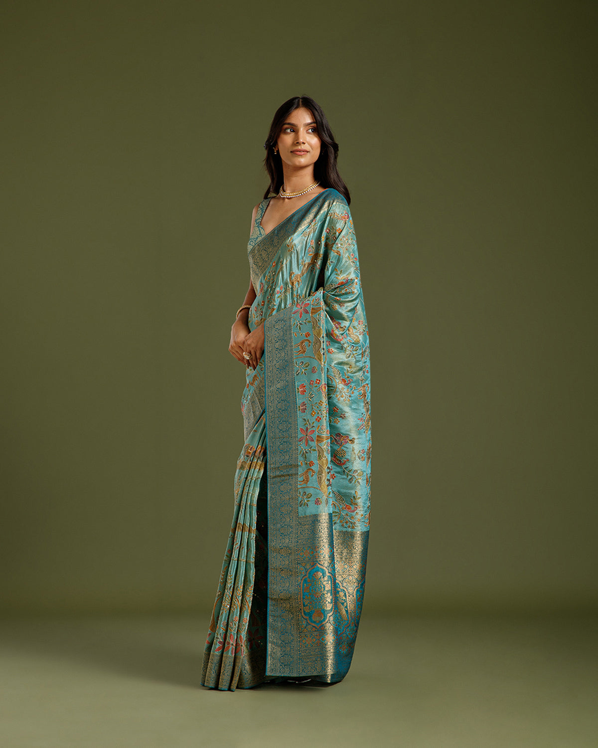Pista Green Georgette Saree with Zari, Sequin & Zari Weaving