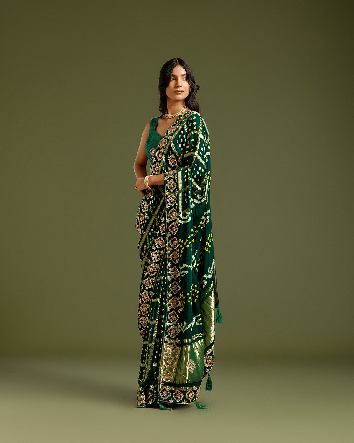 Bottle Green Satin Crepe Saree with Zari & Sequin Work - House of Surya