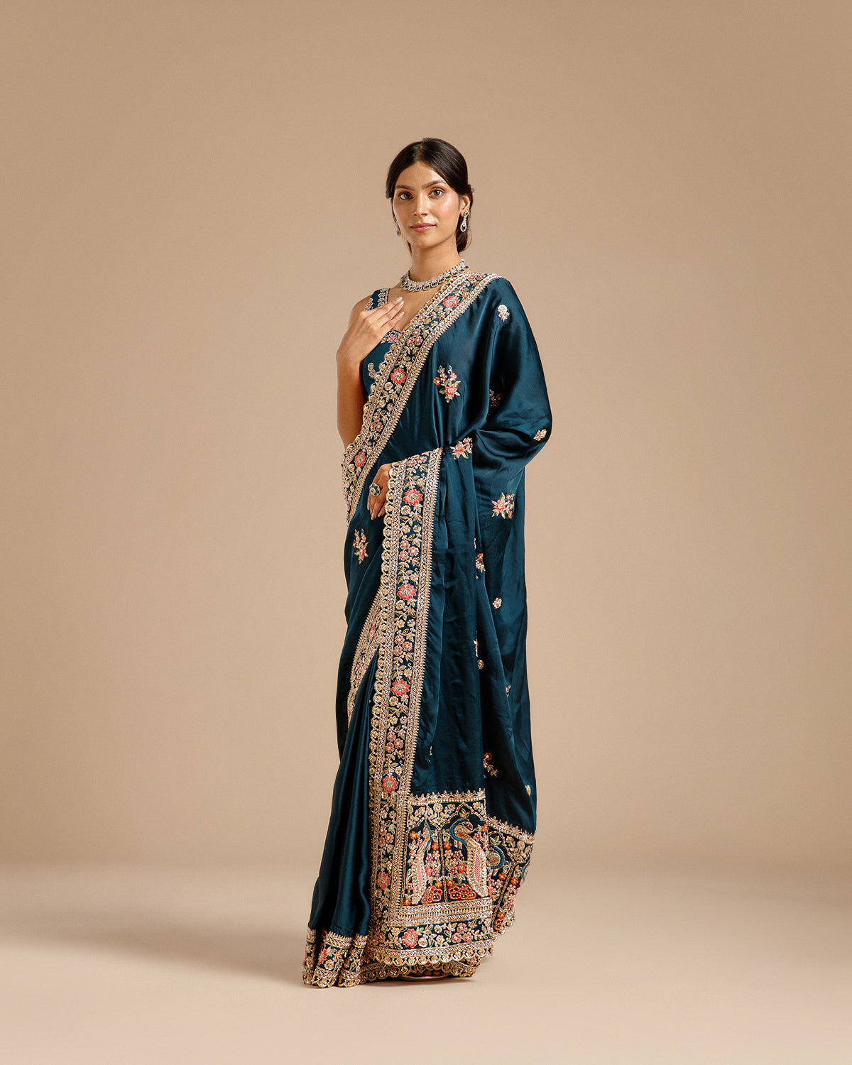 Peacock Blue Satin Organza Saree with Dabka, Sequin, Resham & Zari Work
