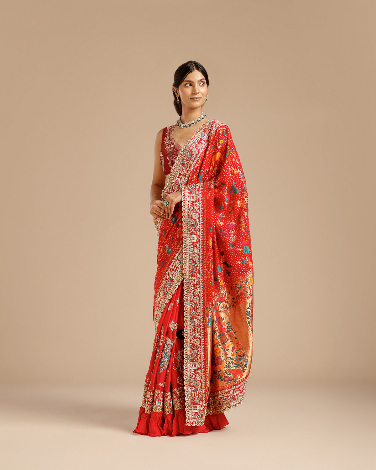 Rani Georgette Saree with Satin Organza, Beads, Nulki, Dori, Moti & Sequin Work