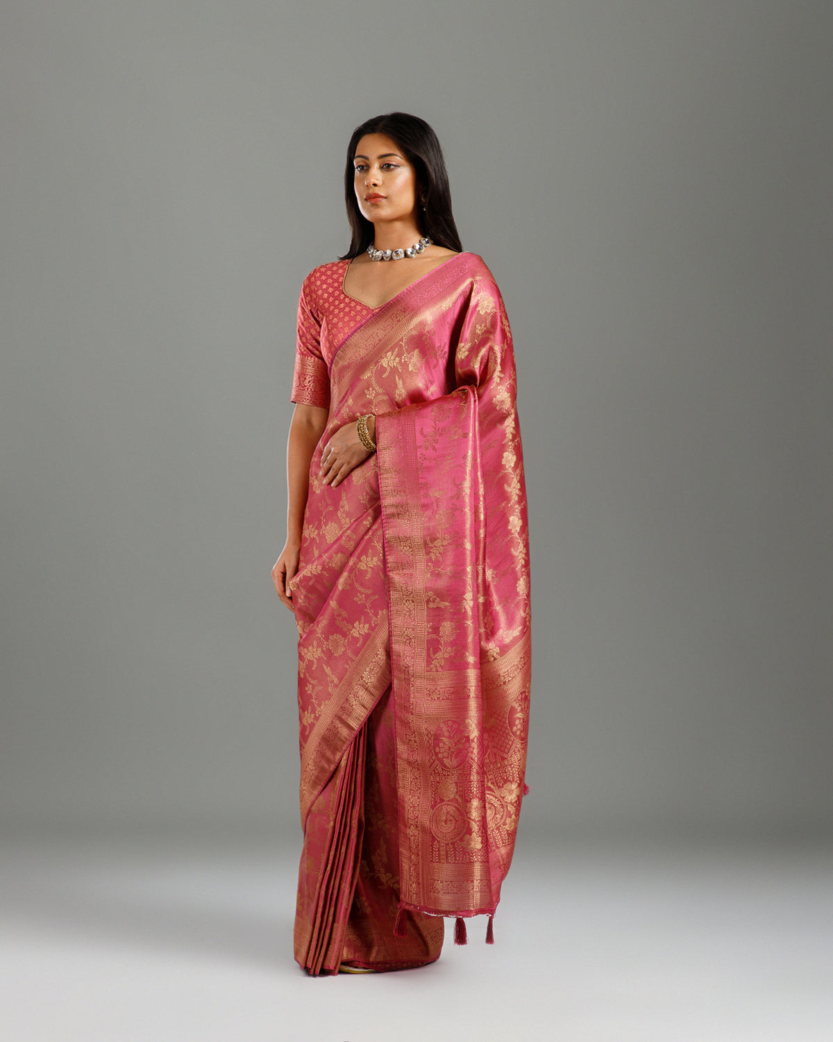 Onion Pink Tissue Silk Saree with Rich Weaving Design