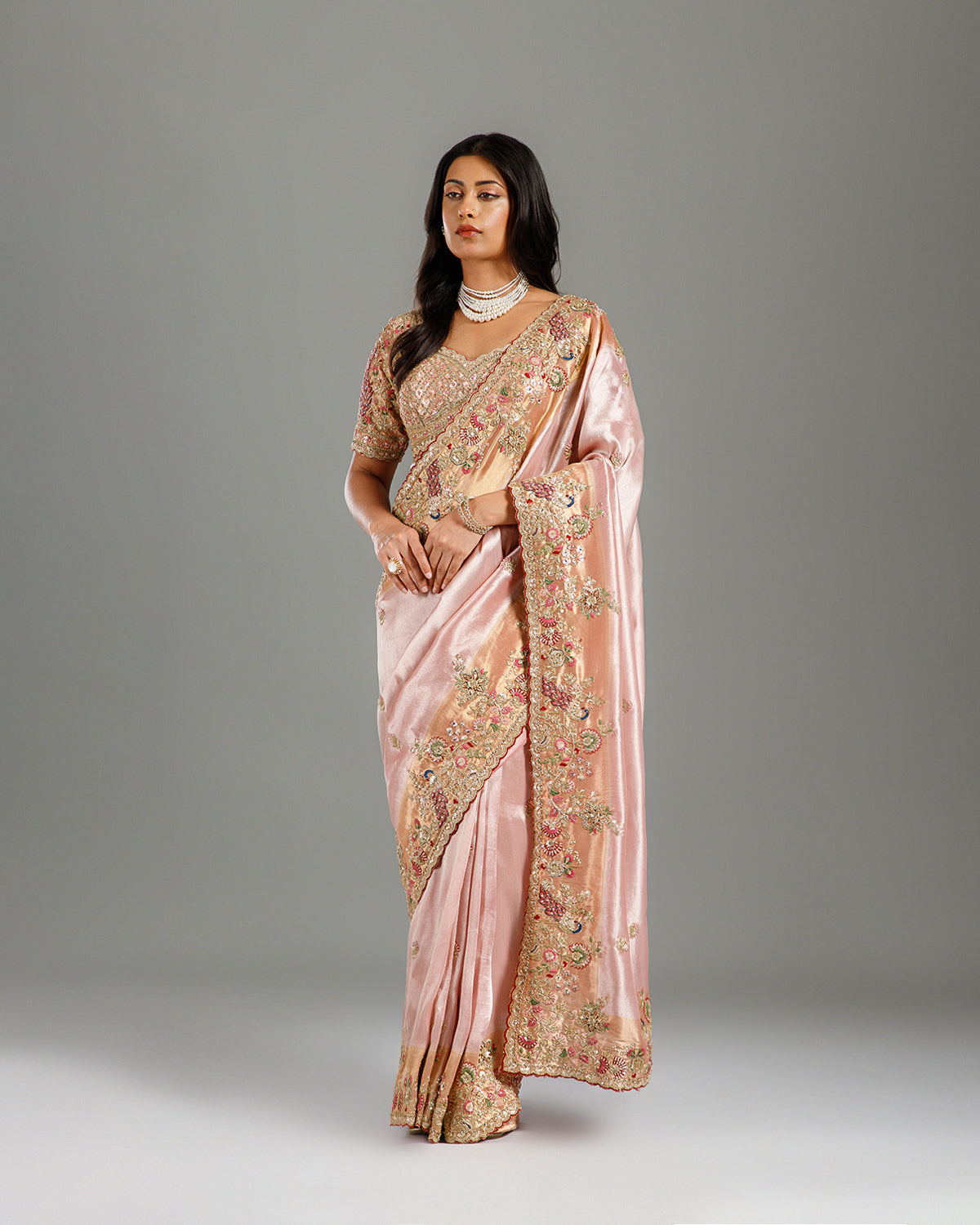 Pink Tissue Saree with Self Weave, Sequence, Resham & Cutdana Work - House of Surya