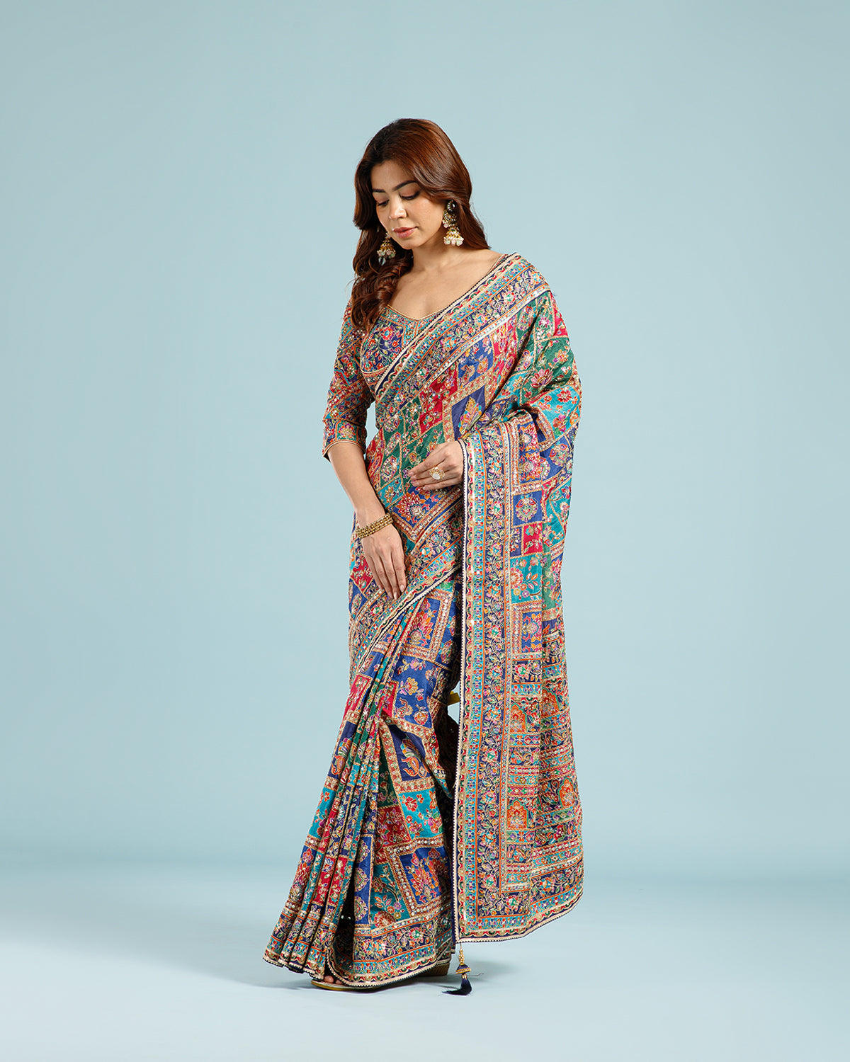 Blue Georgette Saree with Intricate Aari Work - House of Surya