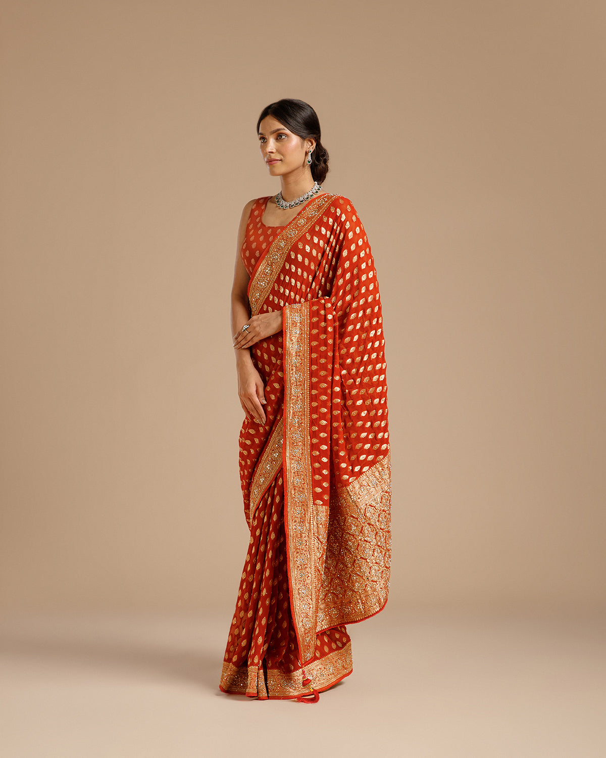 Rust Georgette Saree with Dabka, Nulki, Mirror & Kundan Work