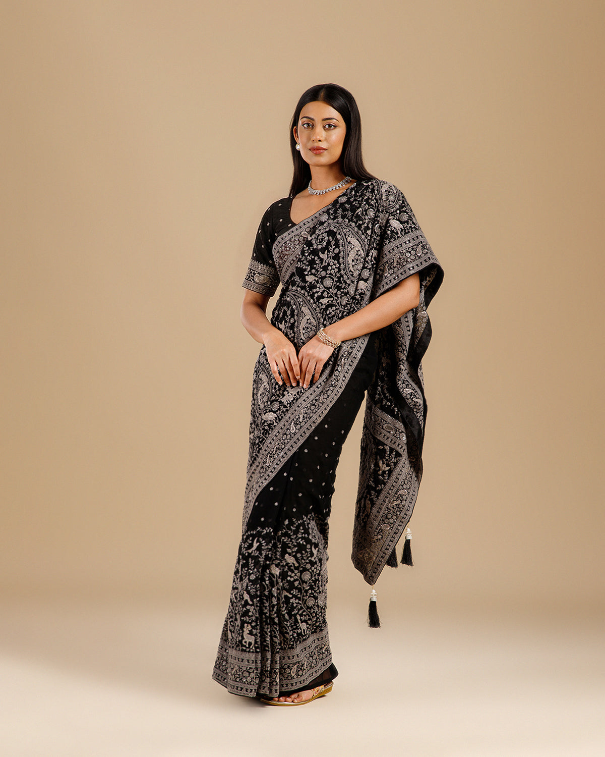 Black Georgette Kashmiri Saree with Traditional Embroidery Work