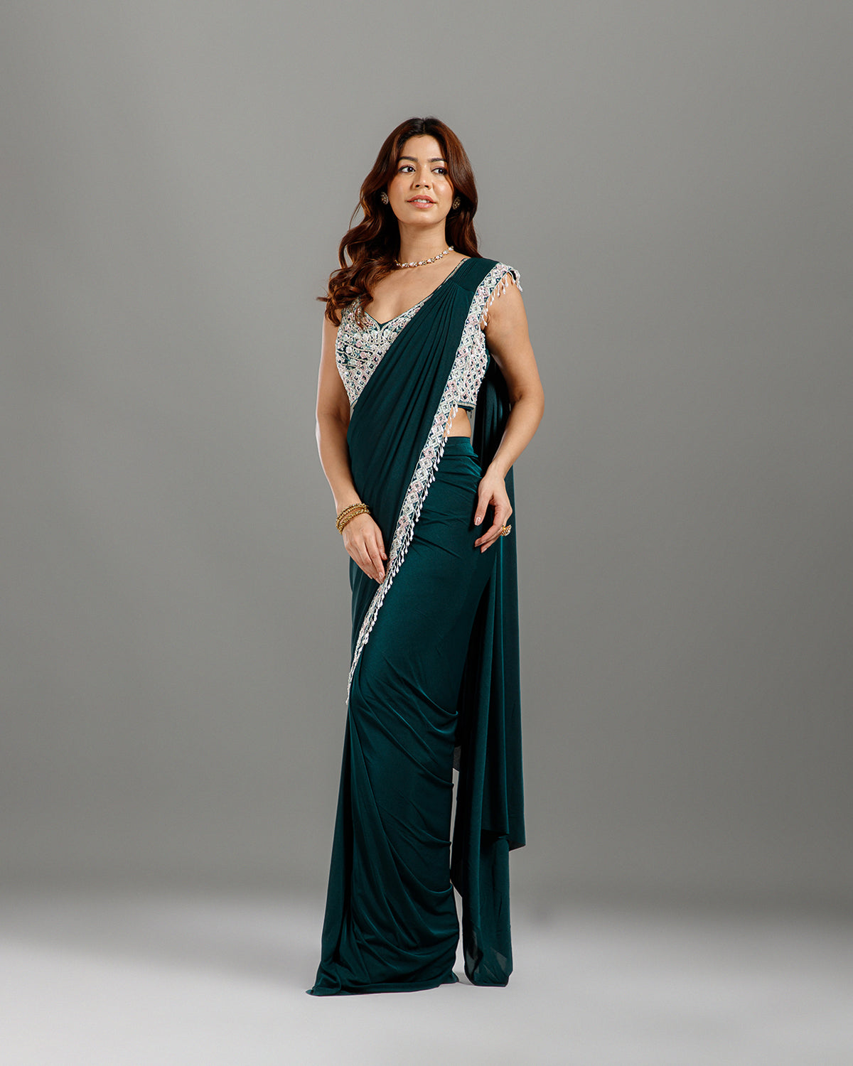Green Lycra Drape Saree with Hand Work - House of Surya