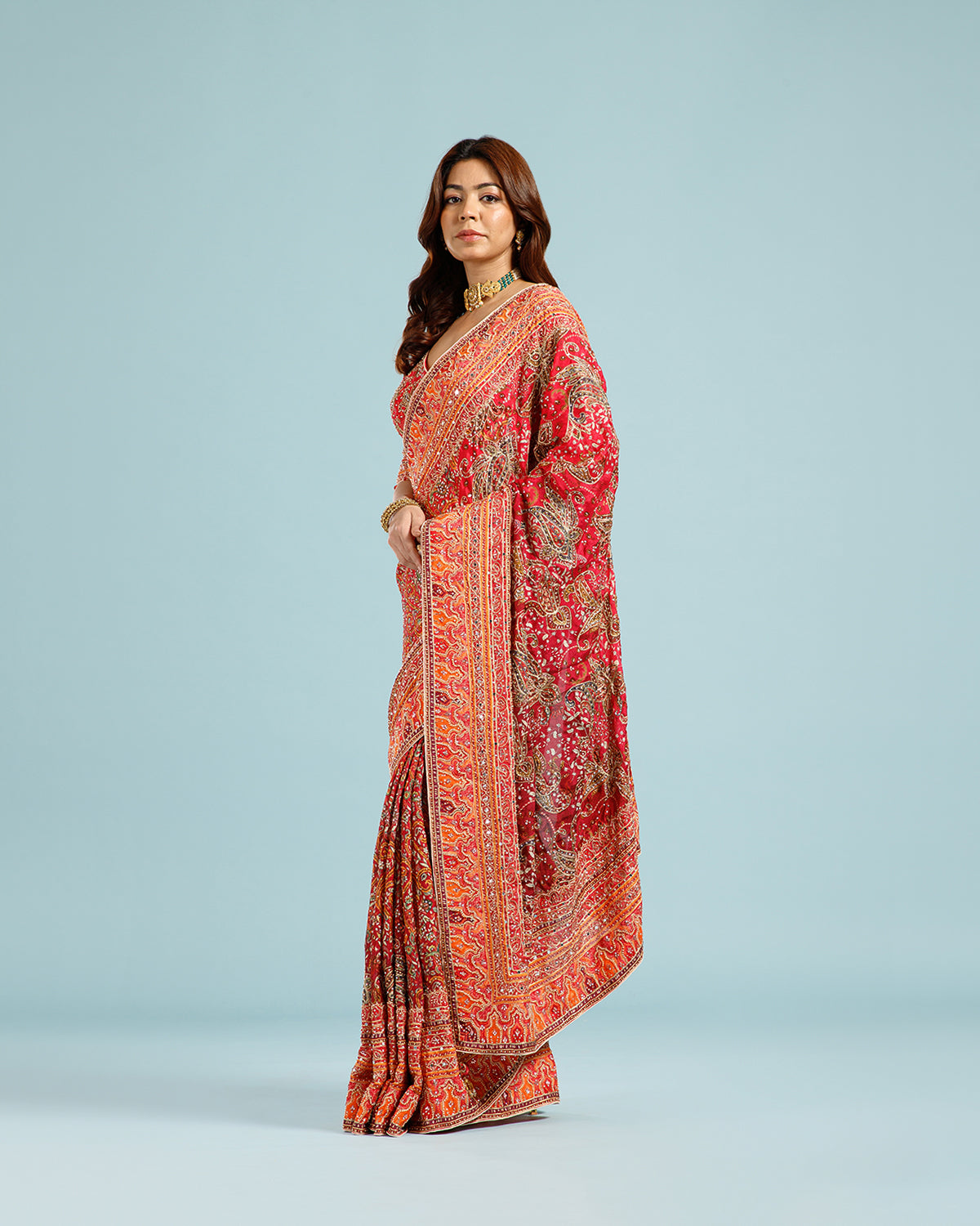 Wine Satin Silk Saree with Multicolor Sequence & Zari Work
