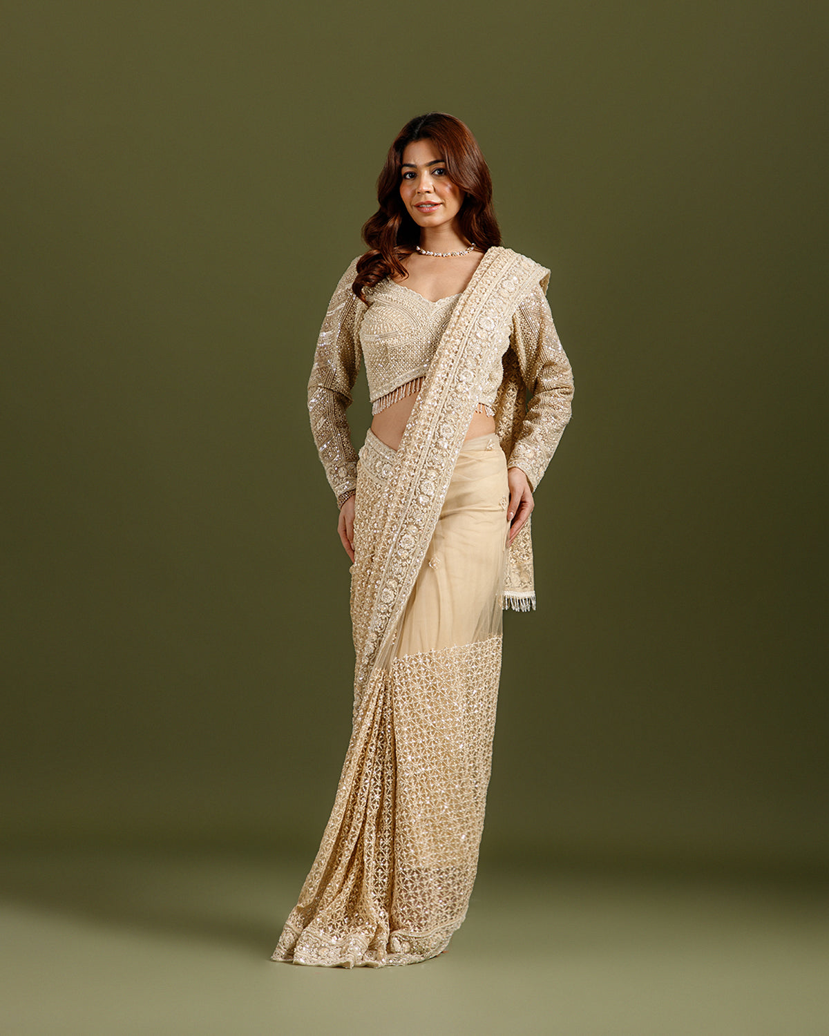 Ivory Net Saree with Sequence & Bead Work - House of Surya