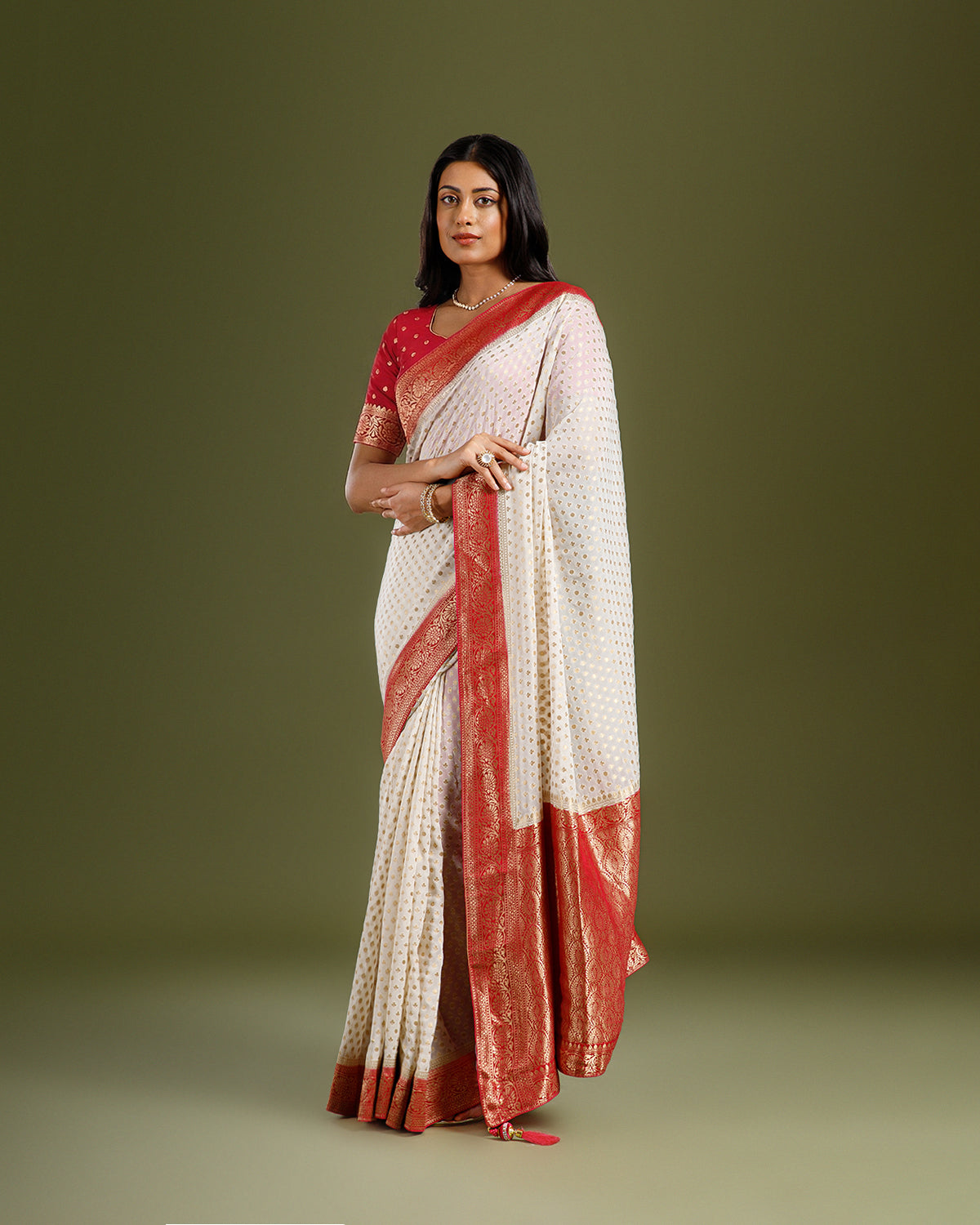 Elegant Ivory Saree in Georgette with Self Weaving Pattern - House of Surya