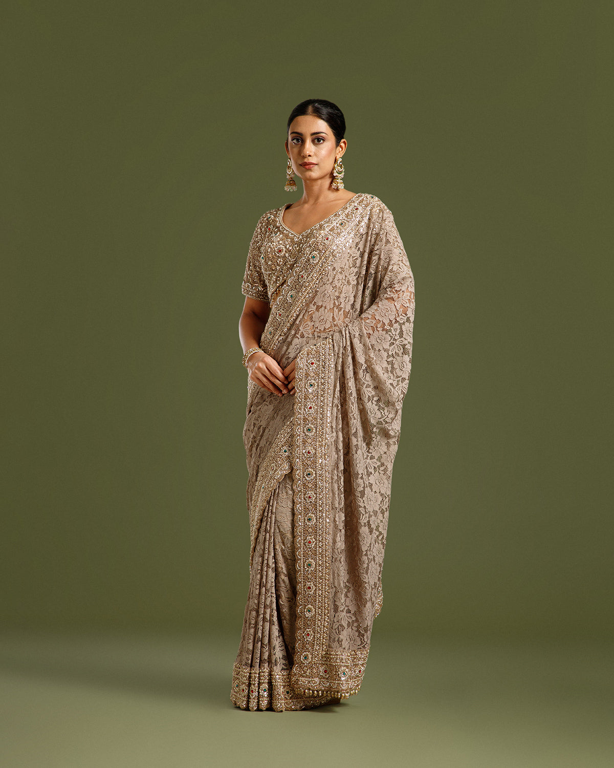 Elegant Ash Sandley Saree with Kundan & Sequin Work