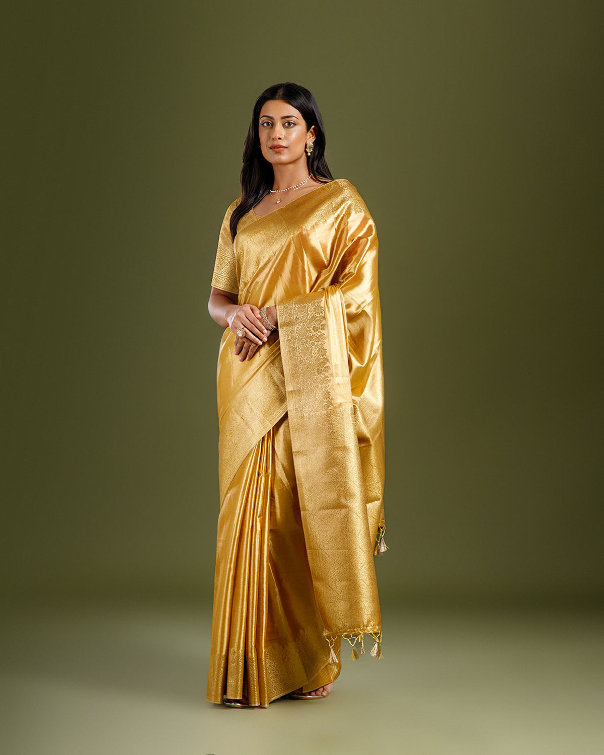 Yellow Tissue Kanjivaram Saree with Rich Zari Weave - House of Surya