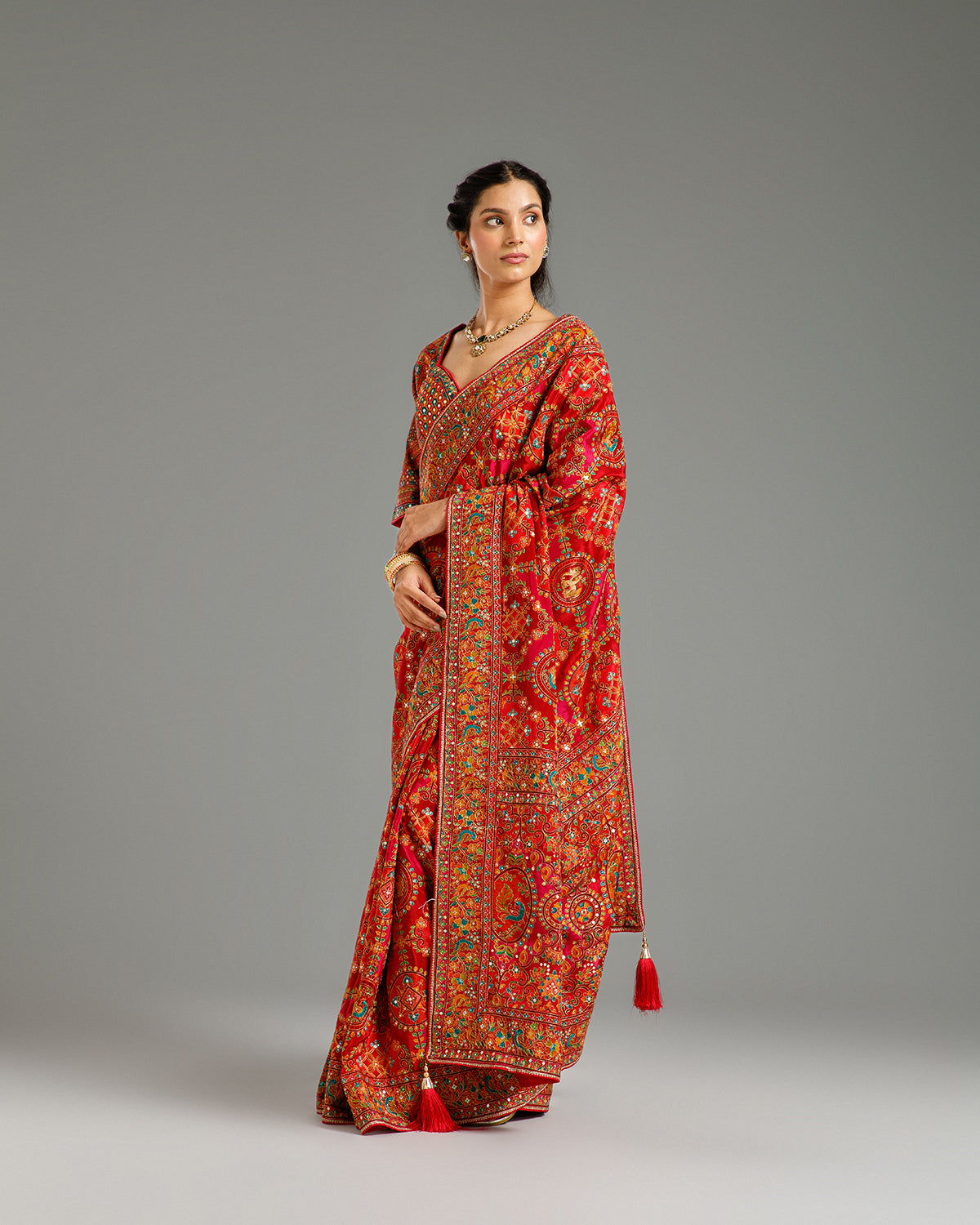 Multi Red Chinon Saree with Resham & Foil Work