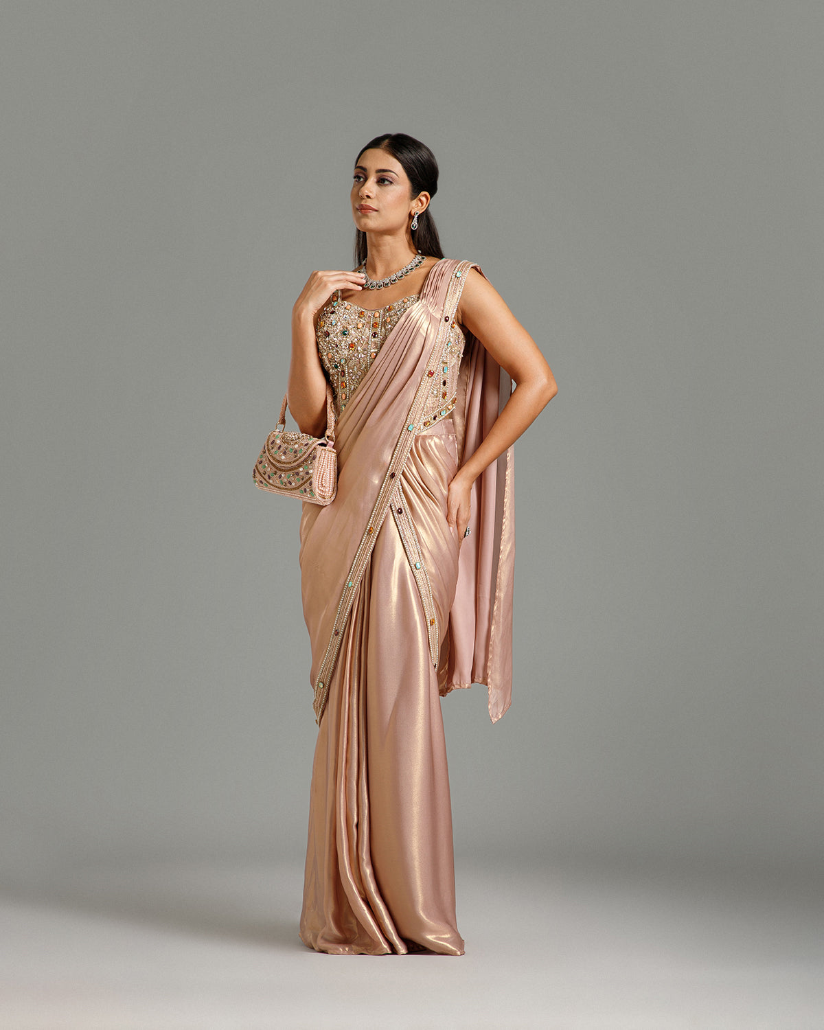 Peach Lycra Saree with Stone Work