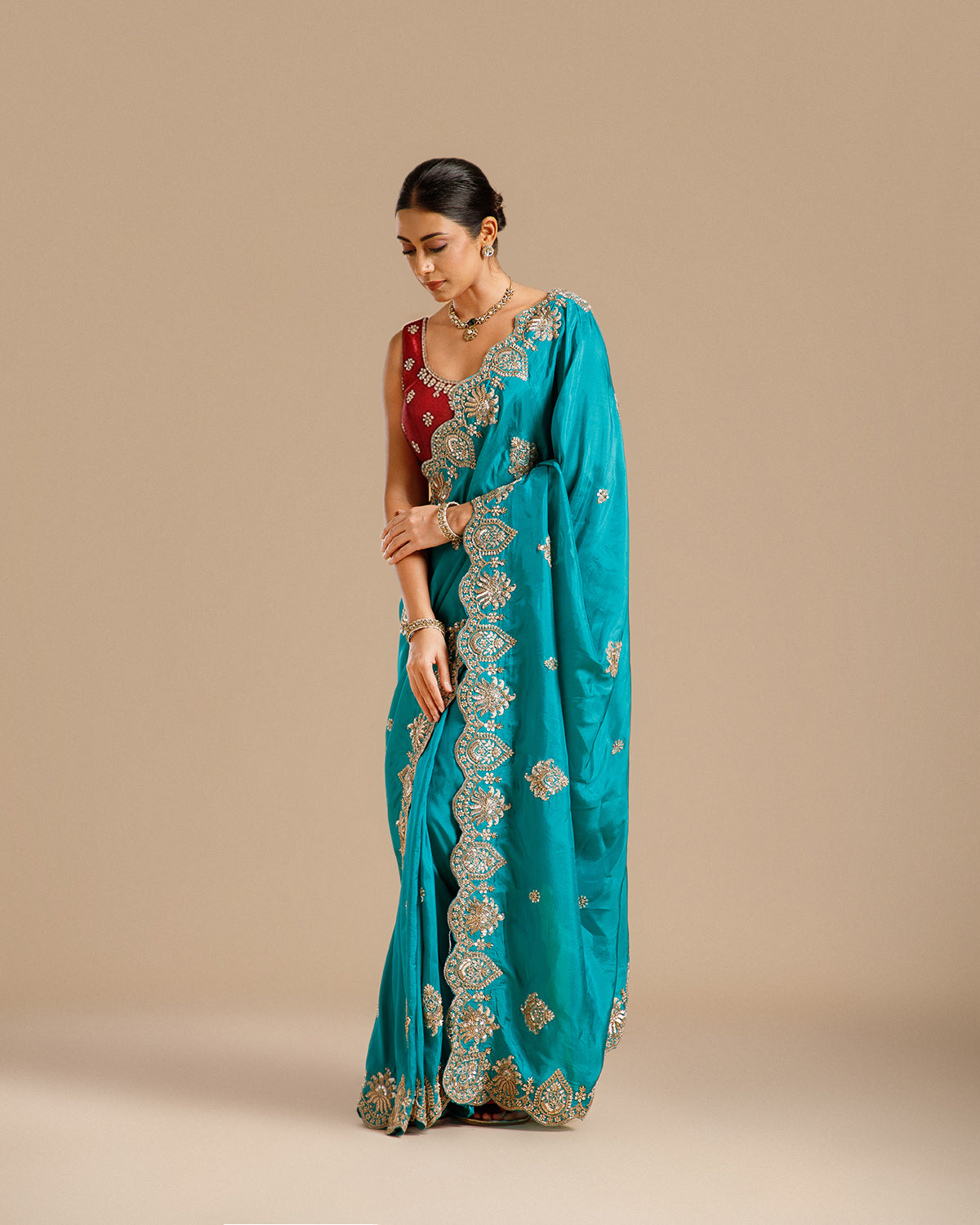 Firozi Dola Silk Saree with Nulki, Pearl, Sequin & Dabka Work