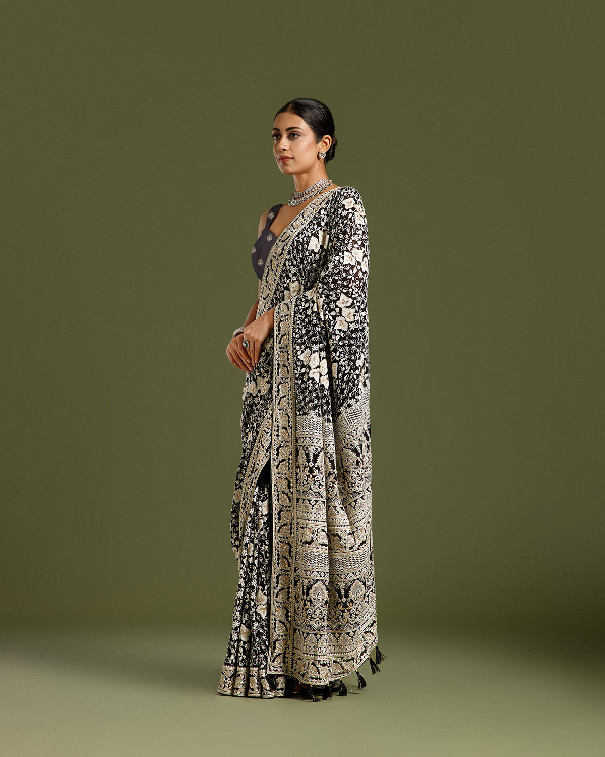Black Georgette Saree with Sequin, Dabka, Cutdana & Resham Work
