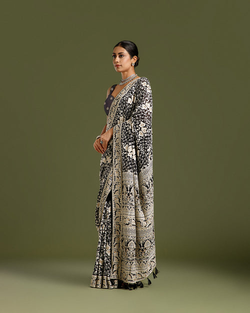 Black Georgette Saree with Sequin, Dabka, Cutdana & Resham Work