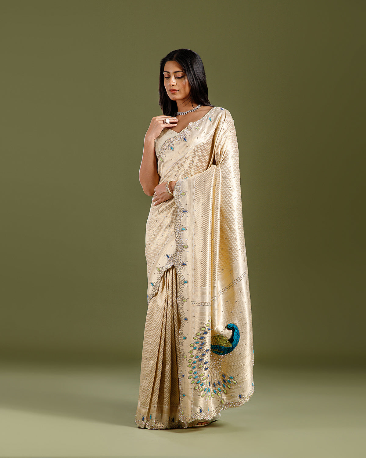 Luxury Ivory Silk Saree with Beads Work with Blouse