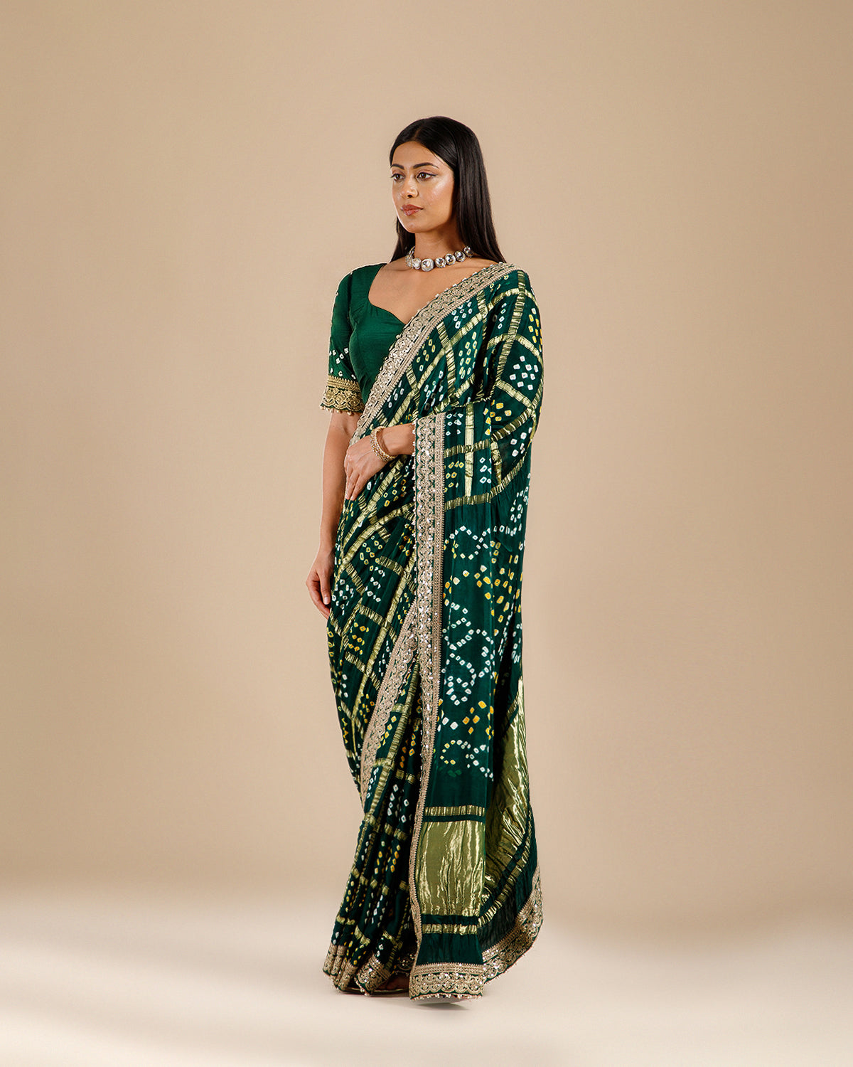 Green Satin Gajji Silk Gharchola Saree with Sequence Work - House of Surya