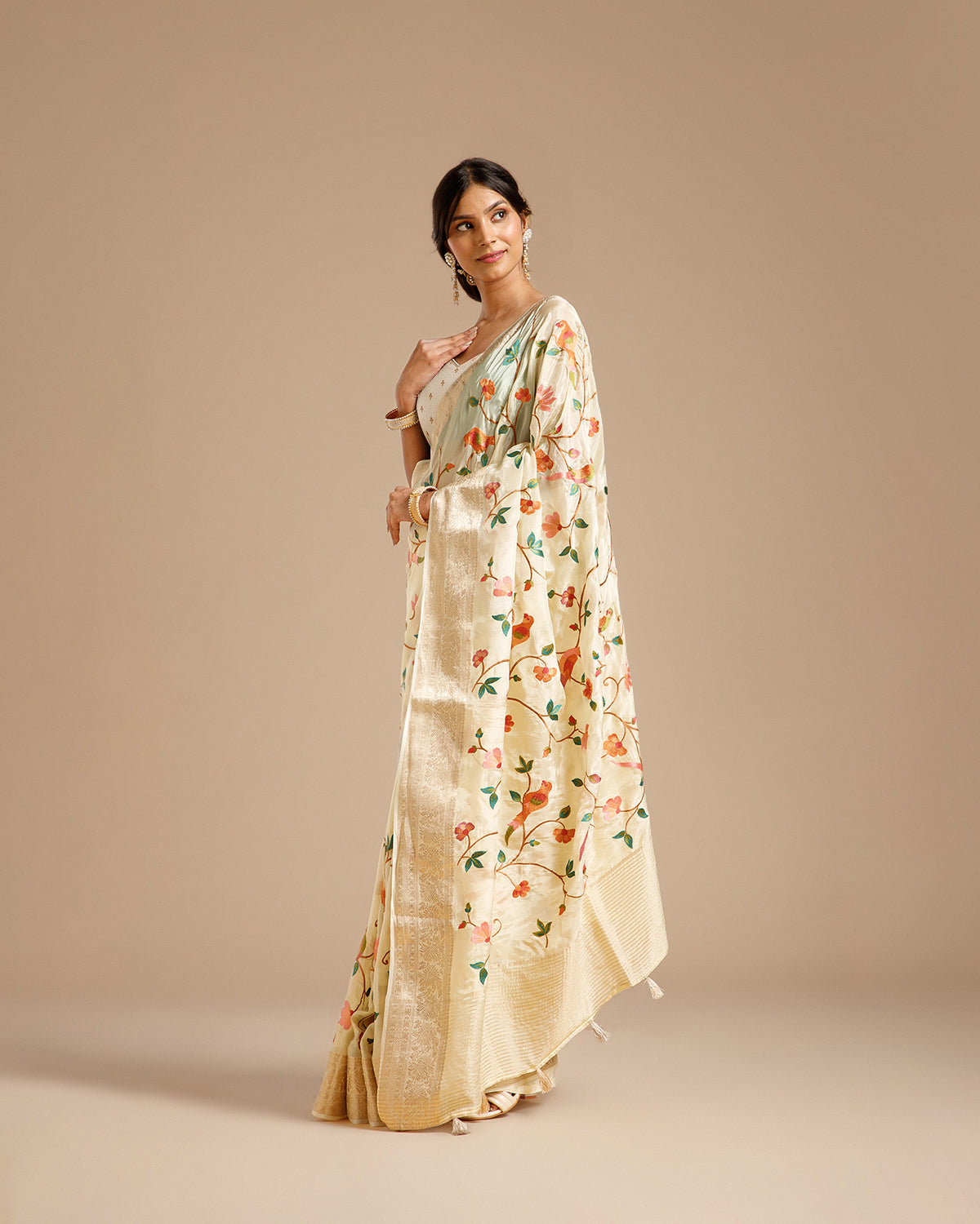 Ivory Crape Silk Saree with Resham Work