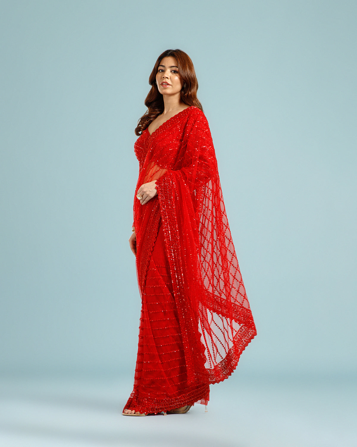 Designer Red Net Saree with Sequence, Bead & Cutdana (Nulki) Work