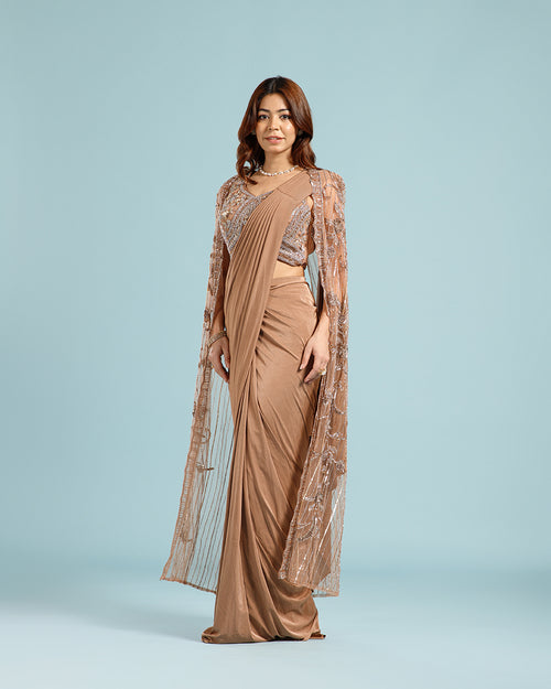 Chikoo Lycra Drape Saree with Hand Work - House of Surya