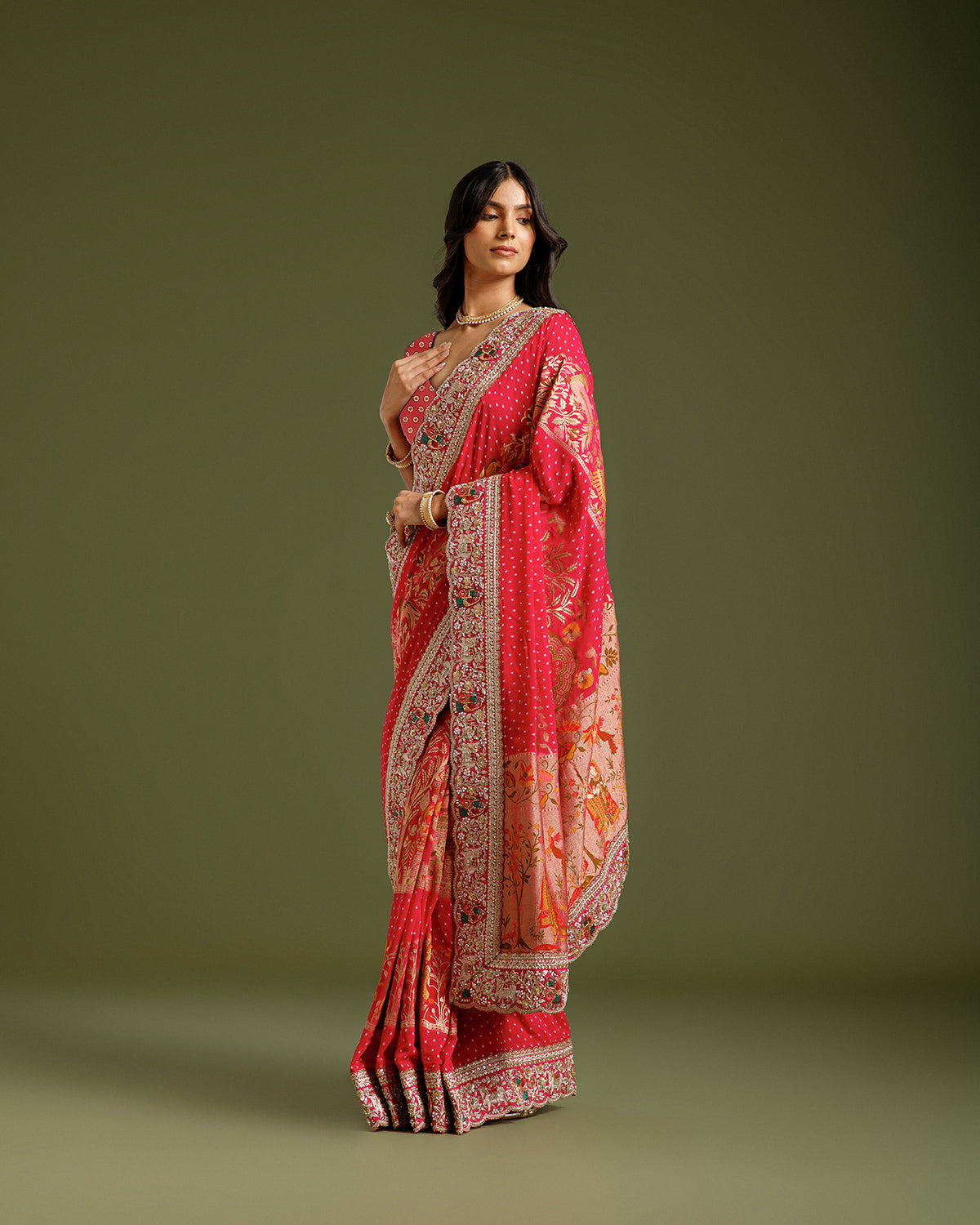 Rani Georgette Saree with Dori, Nulki, Resham, Moti & Meenakari Work