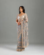  Grey Tissue Organza Saree,Organza Saree with Elegant Beads Work - House of Surya