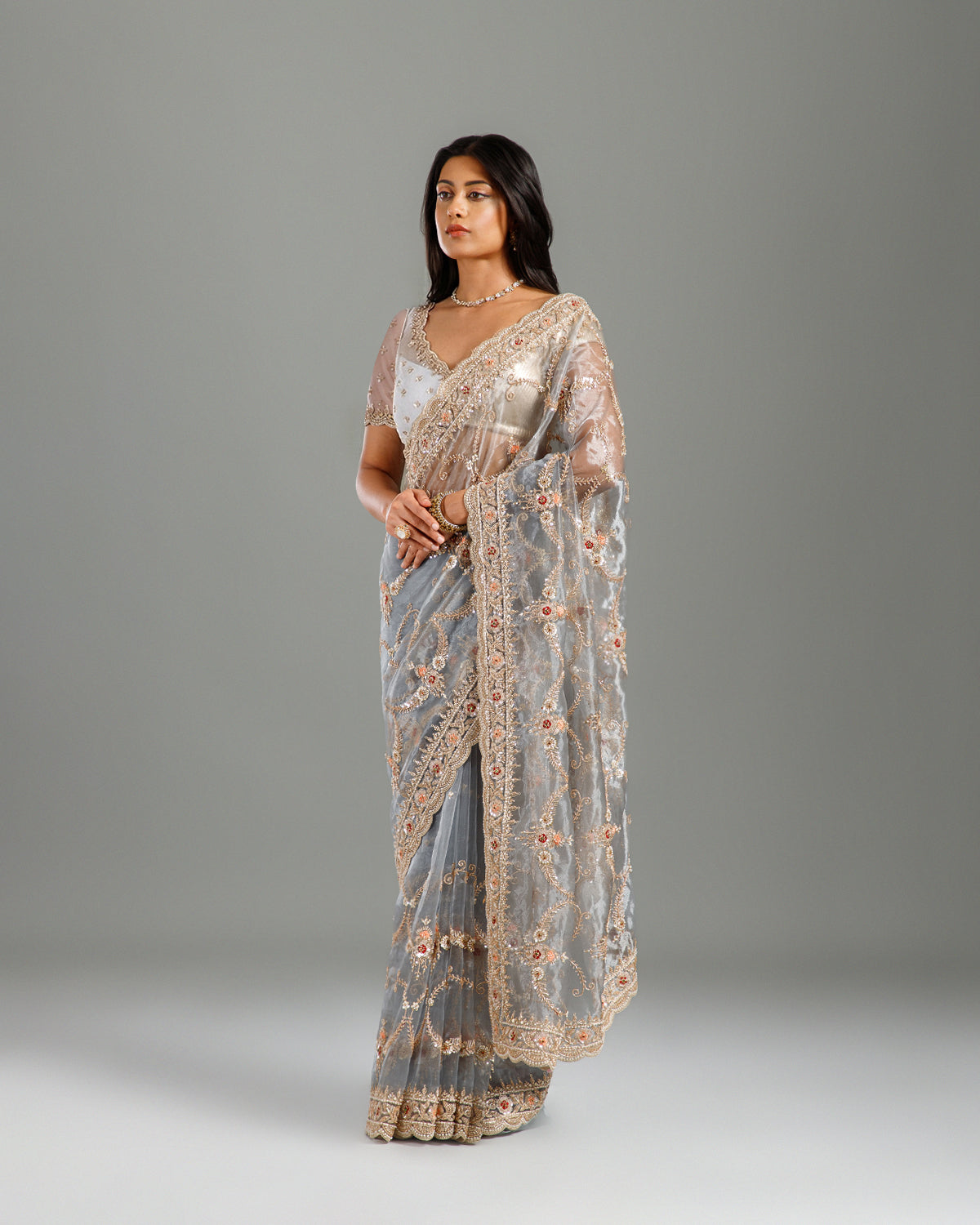  Grey Tissue Organza Saree,Organza Saree with Elegant Beads Work - House of Surya