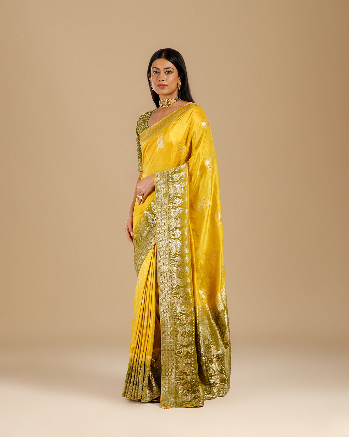 Premium Yellow Dola Silk Saree with Self Weaving Pattern