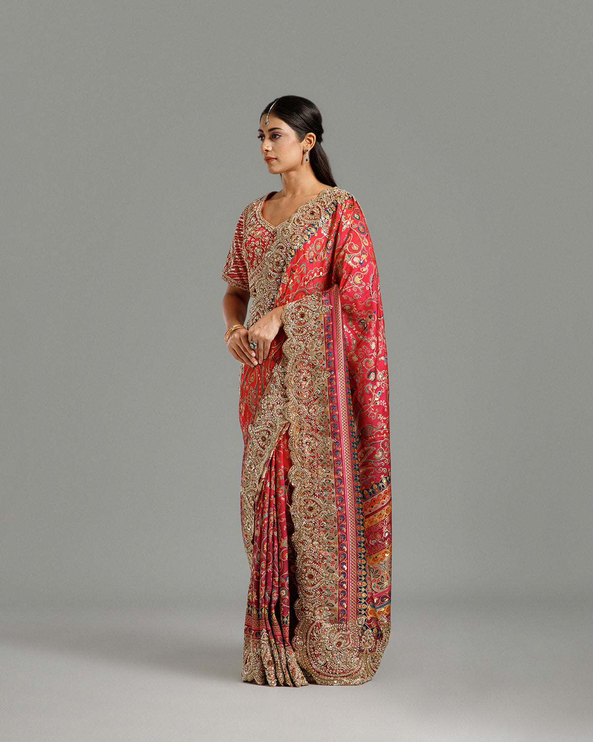 Rani & Purple Dola Silk Saree with Kundan, Zari & Sequin Work