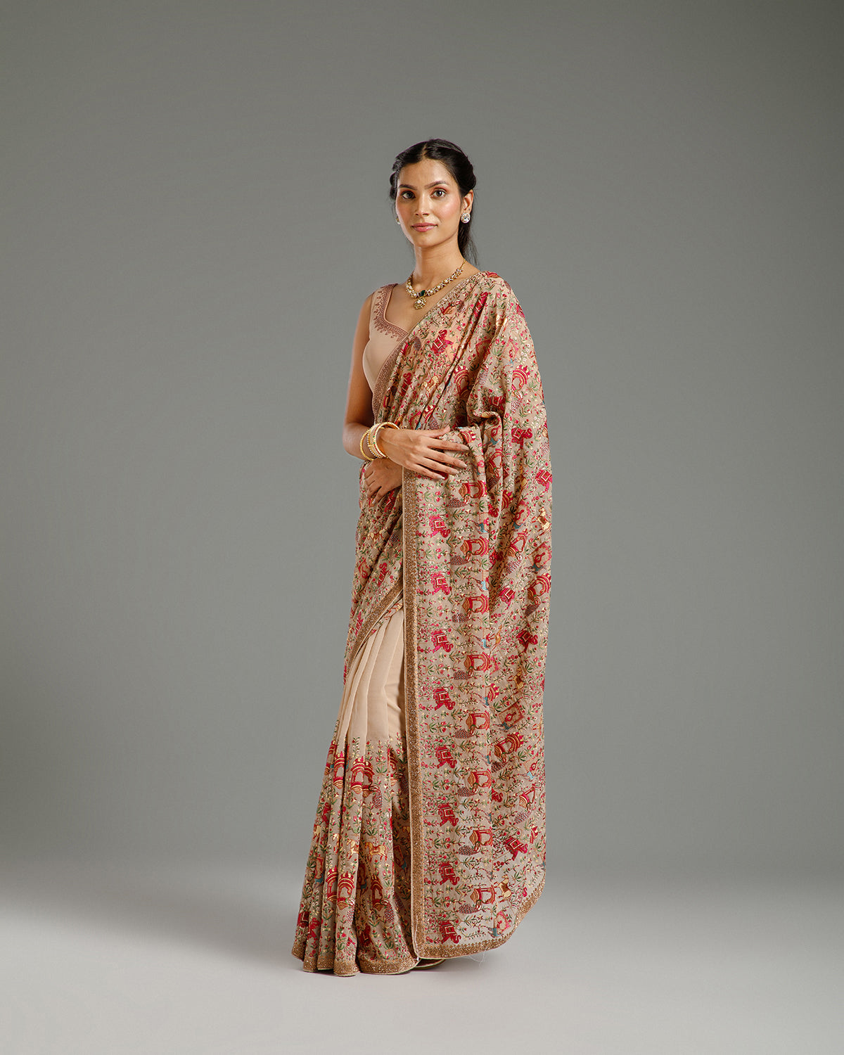 Beige Georgette Saree with Resham & Stone Work