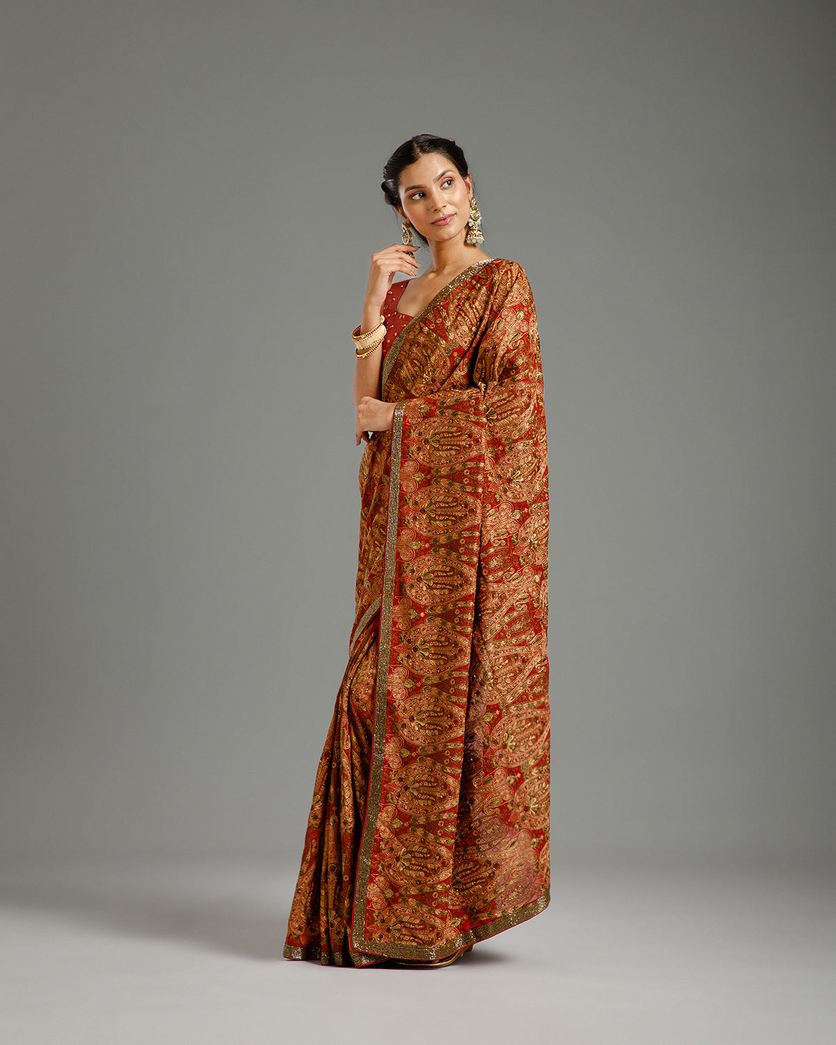 Red Georgette Saree with Resham, Zari & Nulki Work - House of Surya